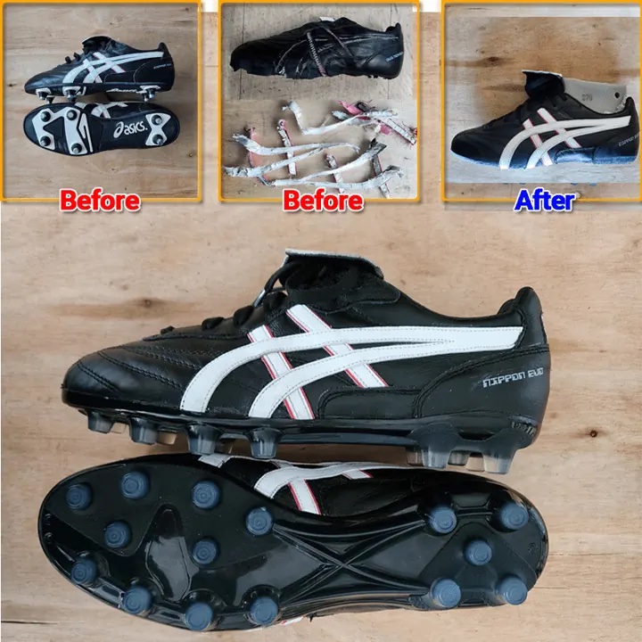 Asics leather football boots before and after: the sole had fallen apart in pieces and was fully replaced