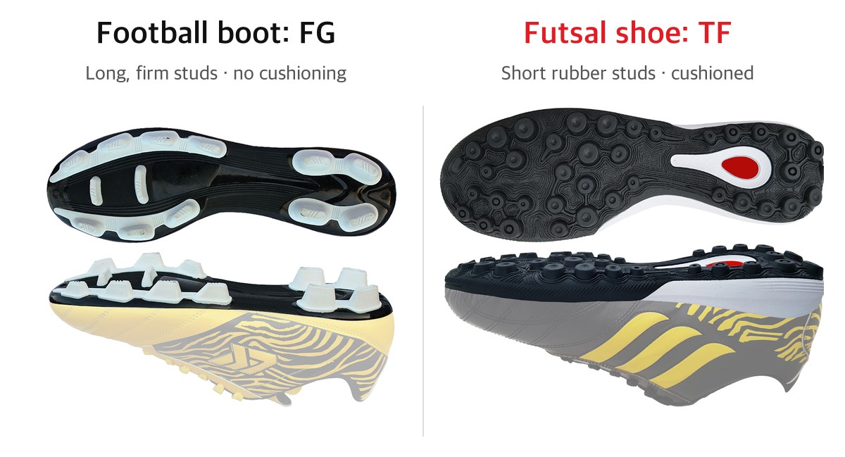 Two replacement soles side by side: a firm ground football boot sole with long white studs, and a black futsal turf sole with many short studs on a white cushioning layer.