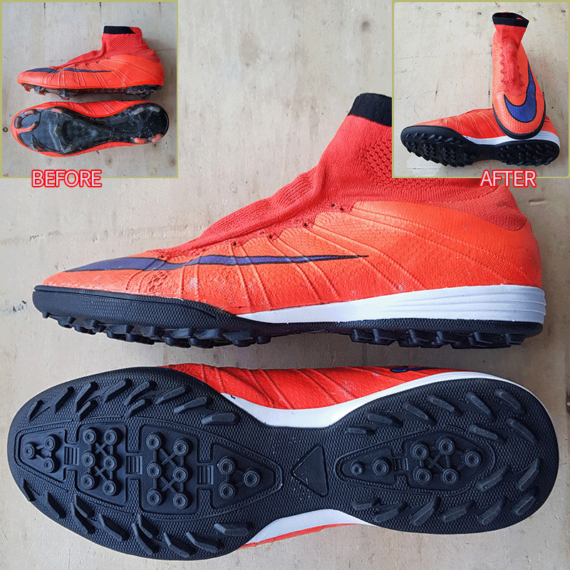 Orange Nike football boot before and after: the firm ground sole was replaced with a black cushioned turf sole