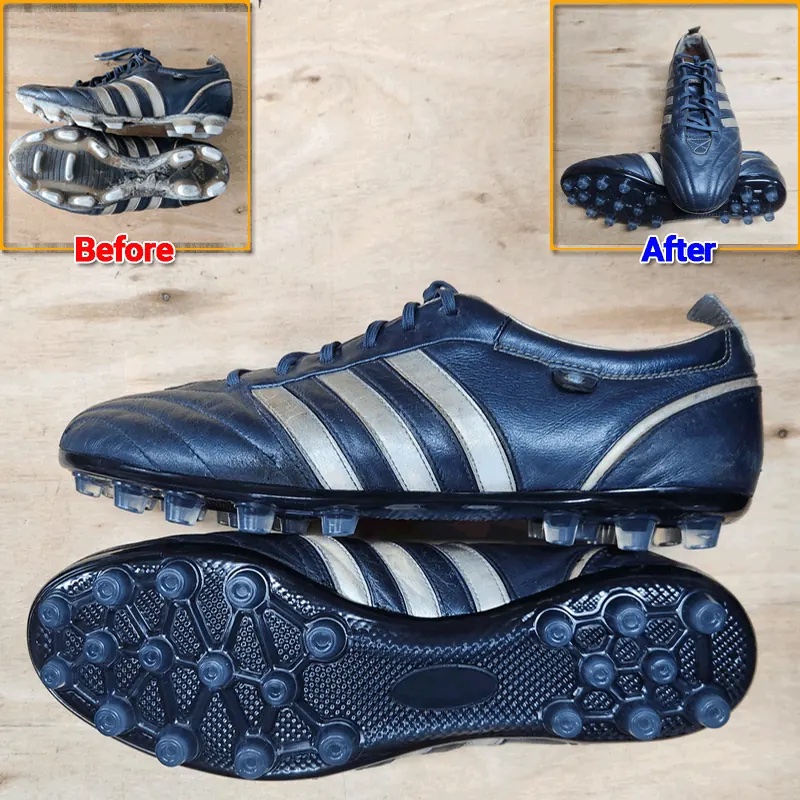 Adidas leather football boot before and after resoling: worn studs replaced with a new soleplate