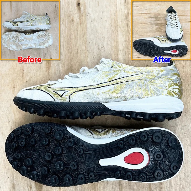 Mizuno boot before and after resoling: worn sole replaced with a new black multi-stud sole