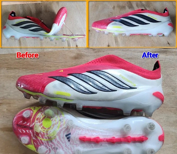 Adidas Predator boot before and after: the sole had come away from the toe and was bonded back in place