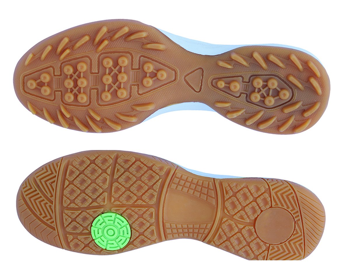 Two natural rubber replacement soles from below: a turf futsal sole with many short studs above a flat indoor sole with a criss-cross tread